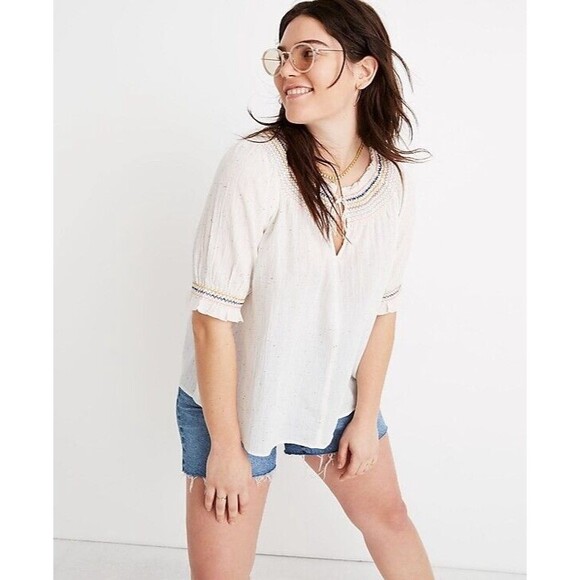 Madewell Rainbow Smocked Peasant Cotton Top Speckled Size Large NWT Boho - Picture 2 of 5